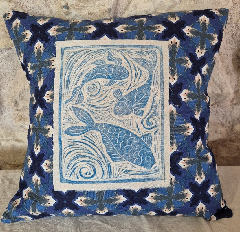 housse de coussin 3 poissons bleus